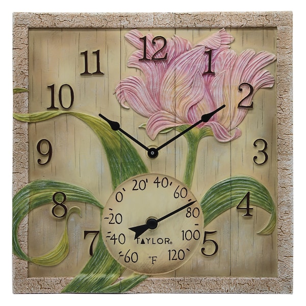 Taylor Precision Products Beachwood Flower Clock with Thermometer (14" x 14") 92691T